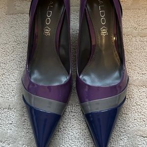 Aldo PURPLE GRAY & BLUE PATENT LEATHER STILETTO POINTED Toe Shoe Sz 5.5 US 36 EU